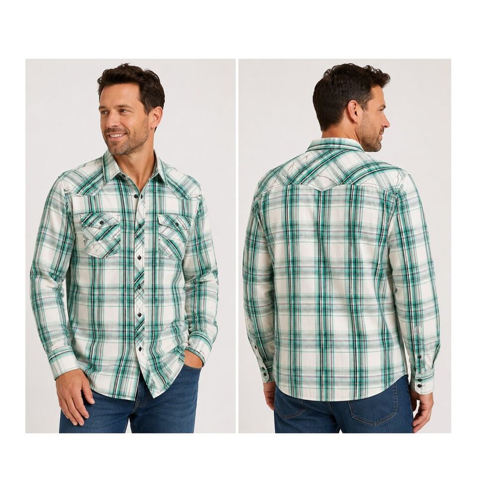 Helix Men's Plaid Athletic Fit Button Up Shirt Long Sleeve Green White Size XXL
